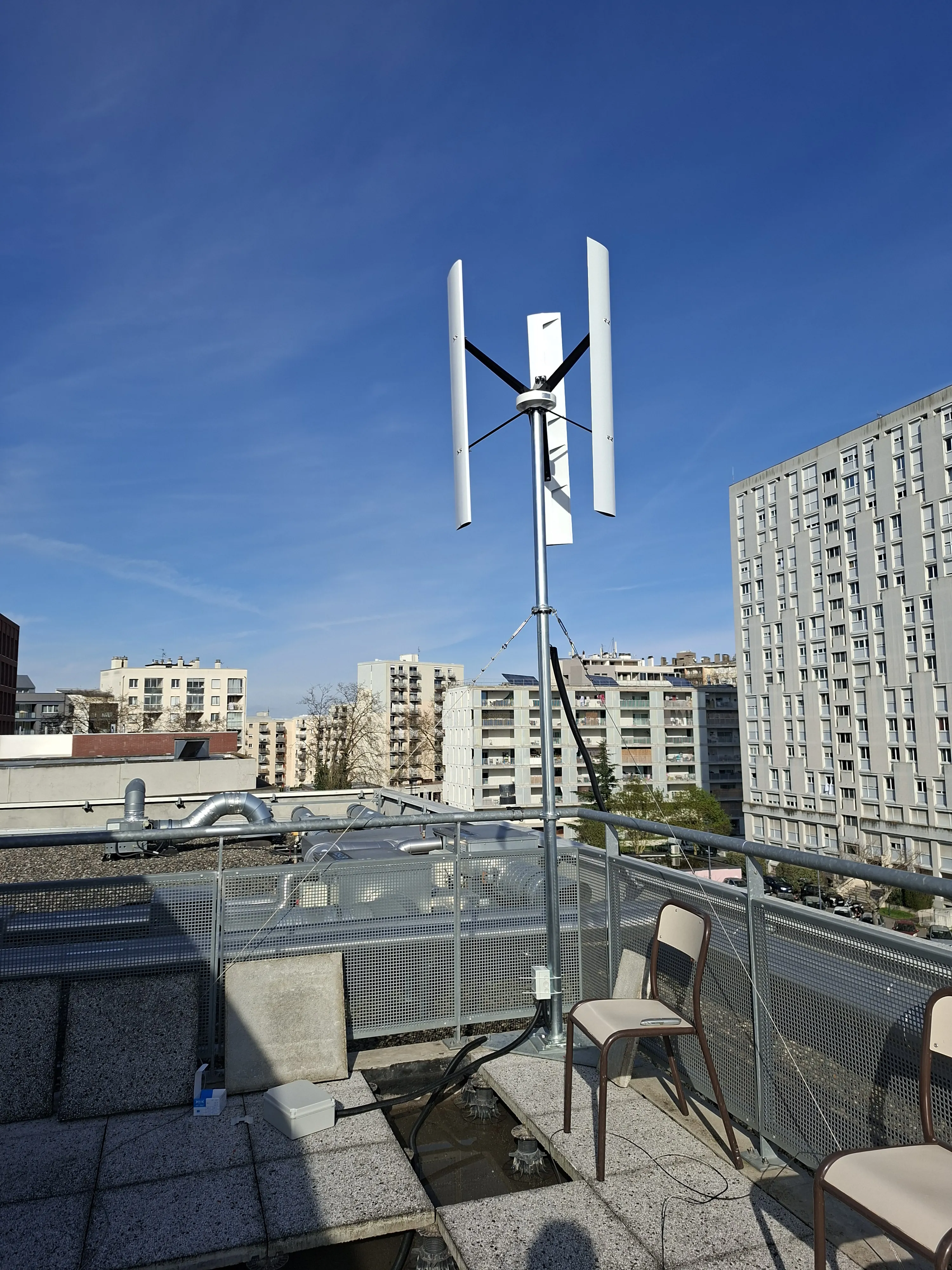 One of the two vertical-axis wind turbines on the Icam Toulouse rooftop