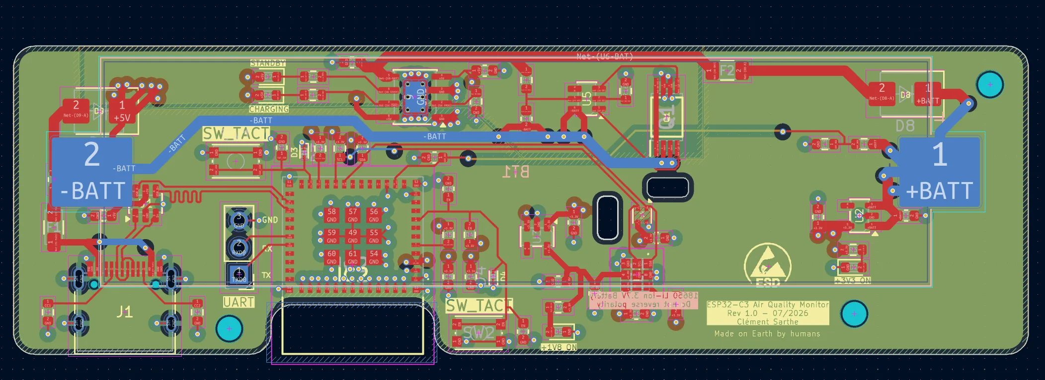 KiCad layout of ESP32-C3 Air Quality Monitor Rev 1.0, July 2026, +BATT and -BATT, D8 on the cell positive