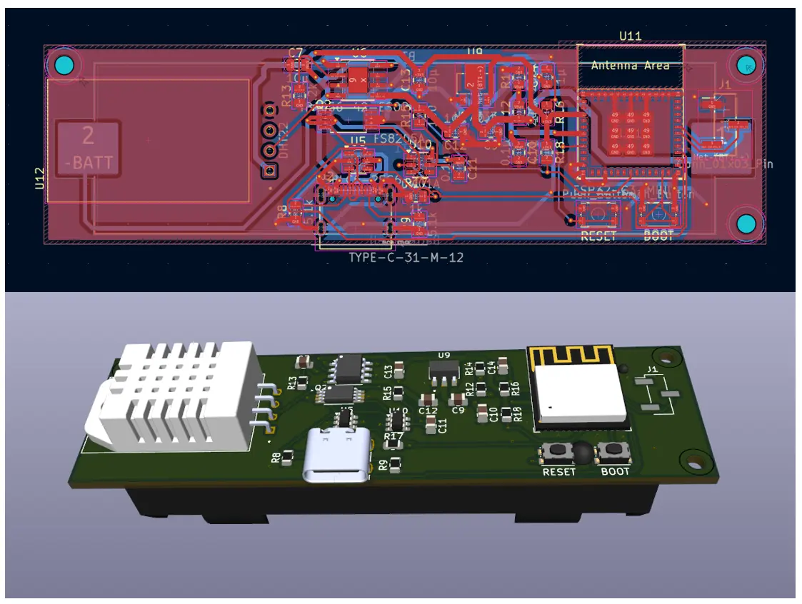 KiCad layout with antenna keep-out and 3D view