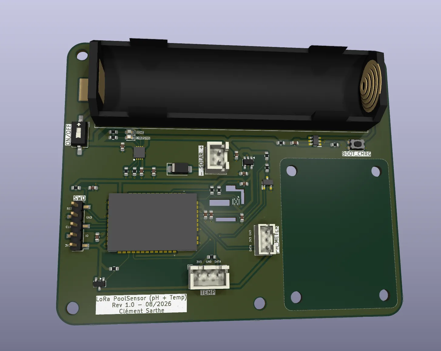 KiCad 3D view of PoolSensor Rev 1.0, August 2026
