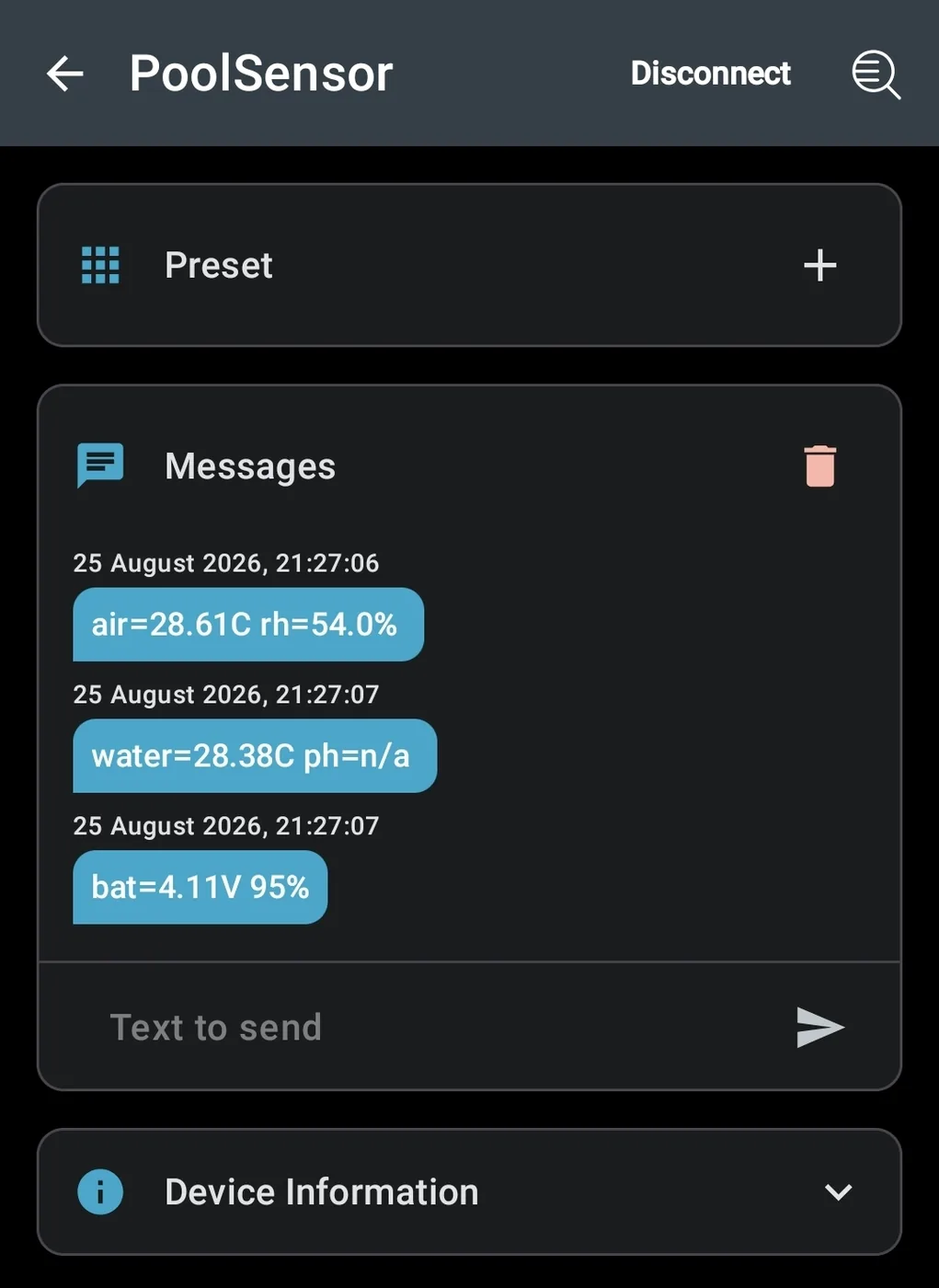 nRF Toolbox UART: air 28.61 C, humidity 54 %, water 28.38 C, battery 4.11 V 95 %