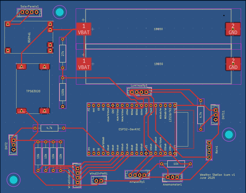KiCad layout, Weather Station Icam v1, June 2025